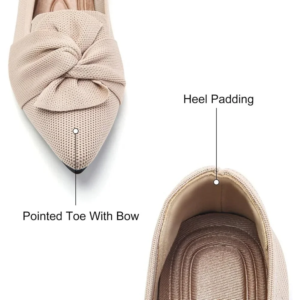 Women's Beige Pointed Toe Ballet Flats with Bow Comfortable Knit Dressy Flats - Picture 2 of 8